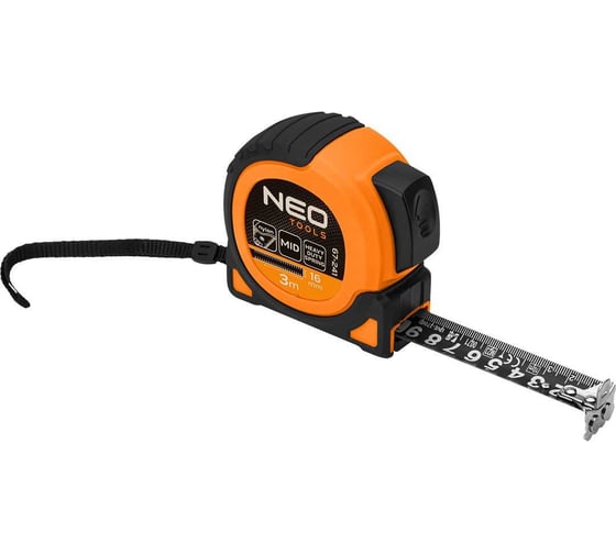 Изображение товара Стальная рулетка NEO TOOLS Super Black 3 м, 16 мм, автоматическая блокировка, две кнопки остановки, магнит 67-241