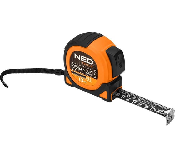 Изображение товара Стальная рулетка NEO TOOLS Super Black 10 м, 25 мм, автоматическая блокировка, две кнопки остановки, магнит 67-245