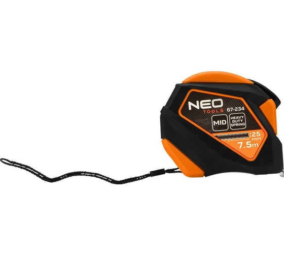 Изображение товара Рулетка стальная NEO TOOLS 7,5 м x 25 мм, автоблокировка, кнопка остановки, магнит 67-234