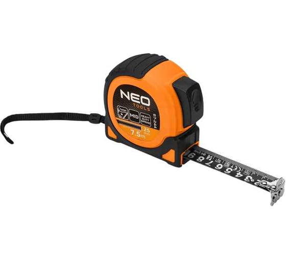 Изображение товара Стальная рулетка NEO TOOLS Super Black 7.5 м, 25 мм, автоблокировка, две кнопки остановки, магнит 67-244