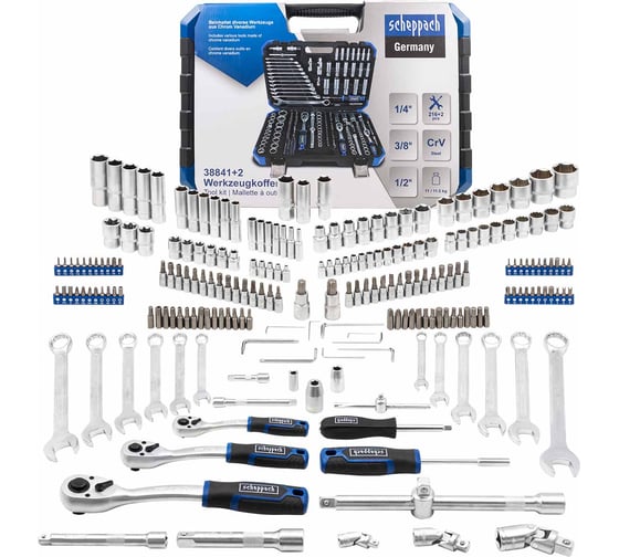 Изображение товара Набор инструментов Scheppach 1/4", 3/8", 1/2" 6, 12 гр. 4-32 мм, 216+2 предмета Sch-38841+2(59300)