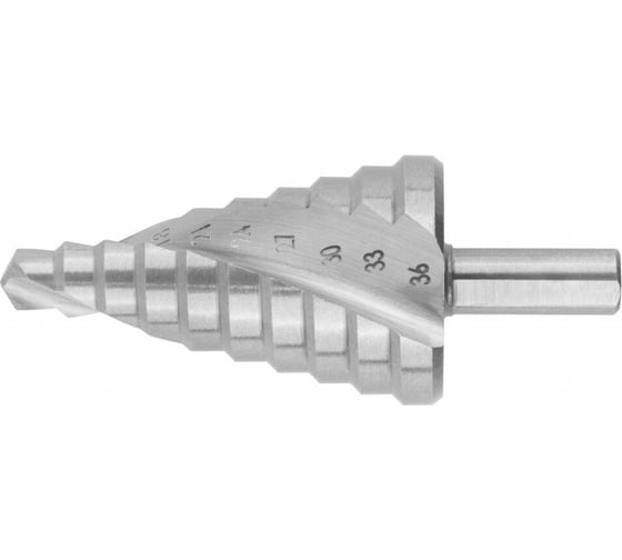 Изображение товара Сверло ступенчатое по металлу 9-36 мм, HSS, спиральный профиль, 10 ступеней КУРС 36369