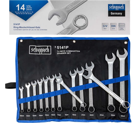 Изображение товара Набор комбинированных ключей Scheppach 10, 12-19, 21, 24, 27, 30, 32 мм, 14 предметов Sch-5141P(59127)