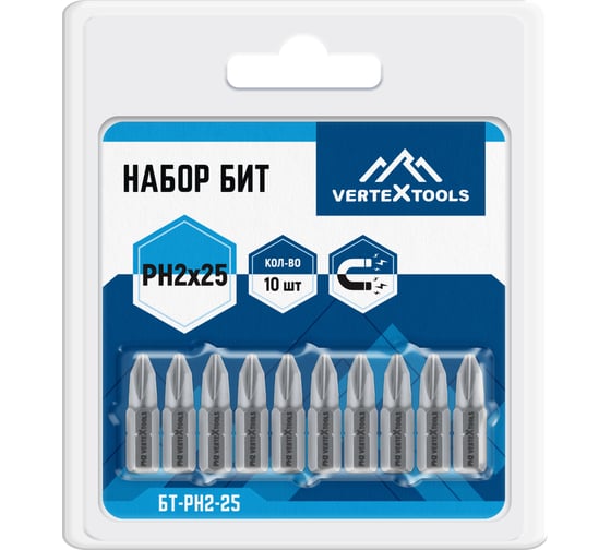 Изображение товара Набор бит PH2х25 10 шт. Vertextools БТ-PH2-25