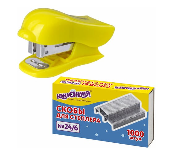 Изображение товара Степлер ЮНЛАНДИЯ Дельфин МИНИ №24/6 26/6, Дельфин, до 20 л + скобы 24/6 1000шт ассорти блистер 228597