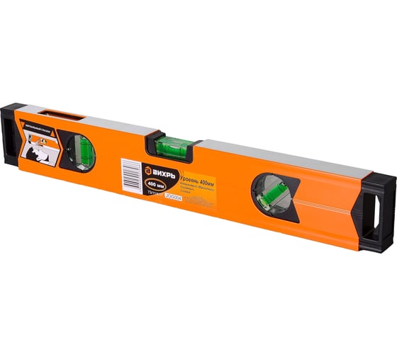 Изображение товара Алюминиевый магнитный уровень Вихрь 400 мм, фрезерованный, 3 глазка 1 зеркальный 73/11/4/17