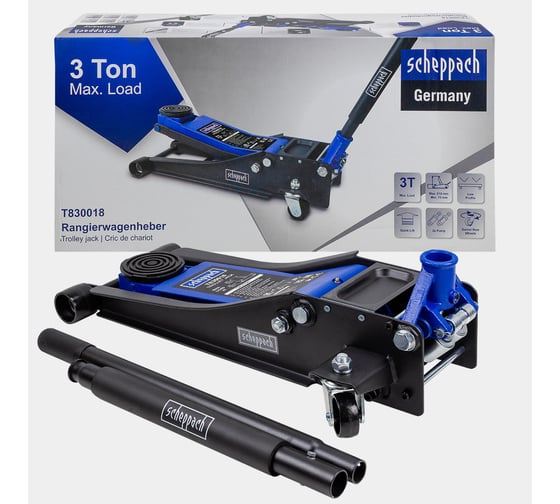 Изображение товара Домкрат подкатной гидравлический Scheppach низкопрофильный двухпоршневой с резиновой накладкой 3т h min 75мм, h max 510мм Sch-T830018(58339)