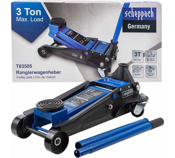 Изображение товара Домкрат подкатной гидравлический Scheppach низкопрофильный двухпоршневой с резиновой накладкой 3т h min 135мм, h max 465мм Sch-T83505(58945)