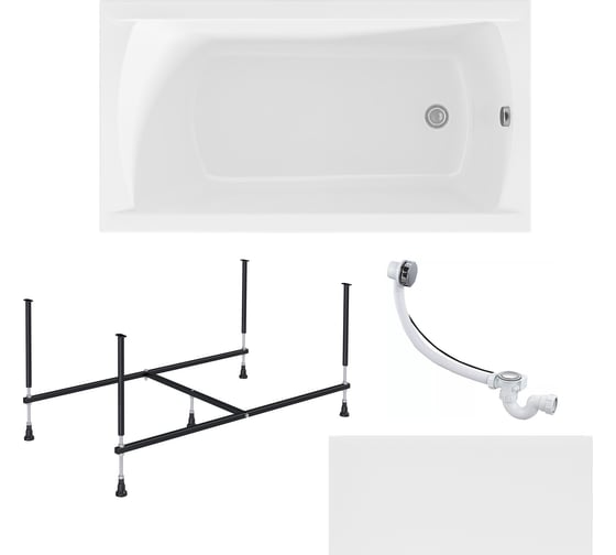 Изображение товара Акриловая ванна 1Marka 130х70 см MODERN в наборе 4 в 1: прямоугольная фронтальная панель, усиленный металлический каркас, слив-перелив хром 01мод1370кп