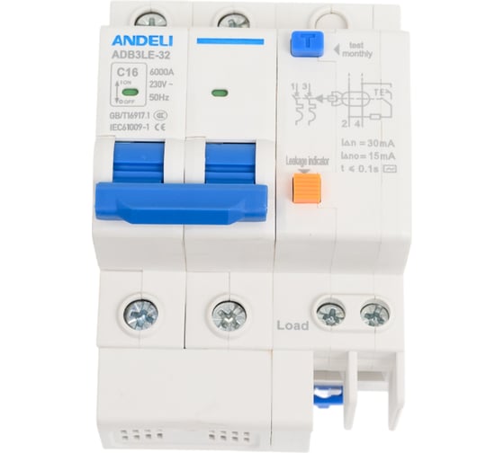 Изображение товара Дифференциальный автомат ANDELI ADB3LE-32 2P 16A 30mA тип AC характеристика С 6kA ADL02-061