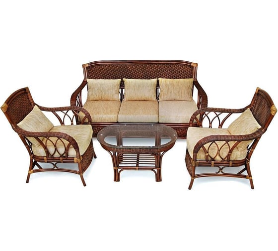 Изображение товара Комплект для отдыха Tetchair "ANDREA" (диван + 2 кресла + журн. столик со стеклом + подушки) Pecan Washed (античн. орех), Ткань рубчик, цвет кремовый 7316