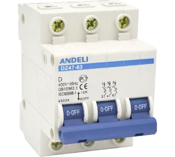 Изображение товара Автоматический выключатель ANDELI DZ47-63/3P 5A 4.5kA тип D ADL01-145