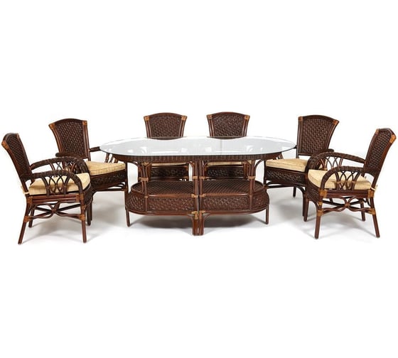 Изображение товара Комплект обеденный Tetchair "ANDREA GRAND" (стол со стеклом+6 кресел+ подушки) Pecan Washed (античн. орех), Ткань рубчик, цвет кремовый 9031