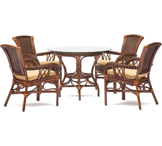 Изображение товара Комплект обеденный Tetchair "ANDREA" ( стол со стеклом + 4 кресла + подушки) Pecan Washed (античн. орех), Ткань рубчик, цвет кремовый 7832