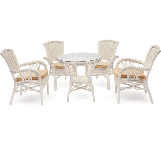 Изображение товара Комплект обеденный Tetchair "ANDREA" ( стол со стеклом + 4 кресла + подушки) TCH White (белый), Ткань рубчик, цвет кремовый 10167