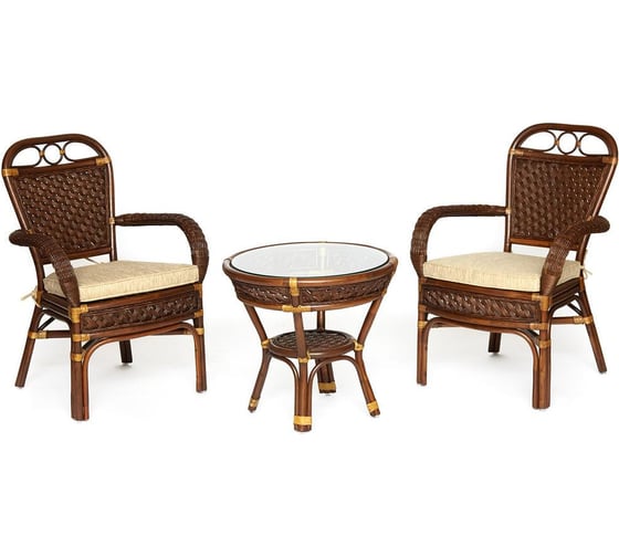 Изображение товара Комплект террасный Tetchair ANDREA (стол кофейный со стеклом + 2 кресла + подушки) ротанг, 64x67x92см / D60x55, Pecan Washed (античн. орех) 12994