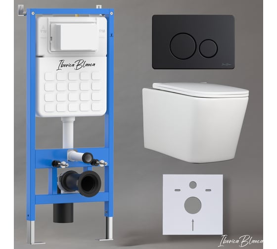 Изображение товара Комплект 3 в 1 IBERICA BLANCA инсталляция, унитаз безободковый белый TOLEDO ALTO (IB.TLA.231.1B1), клавиша смыва черный матовый, нержавеющая сталь INOX-O (IB.B081.002.003) IB001.TLA.231.812