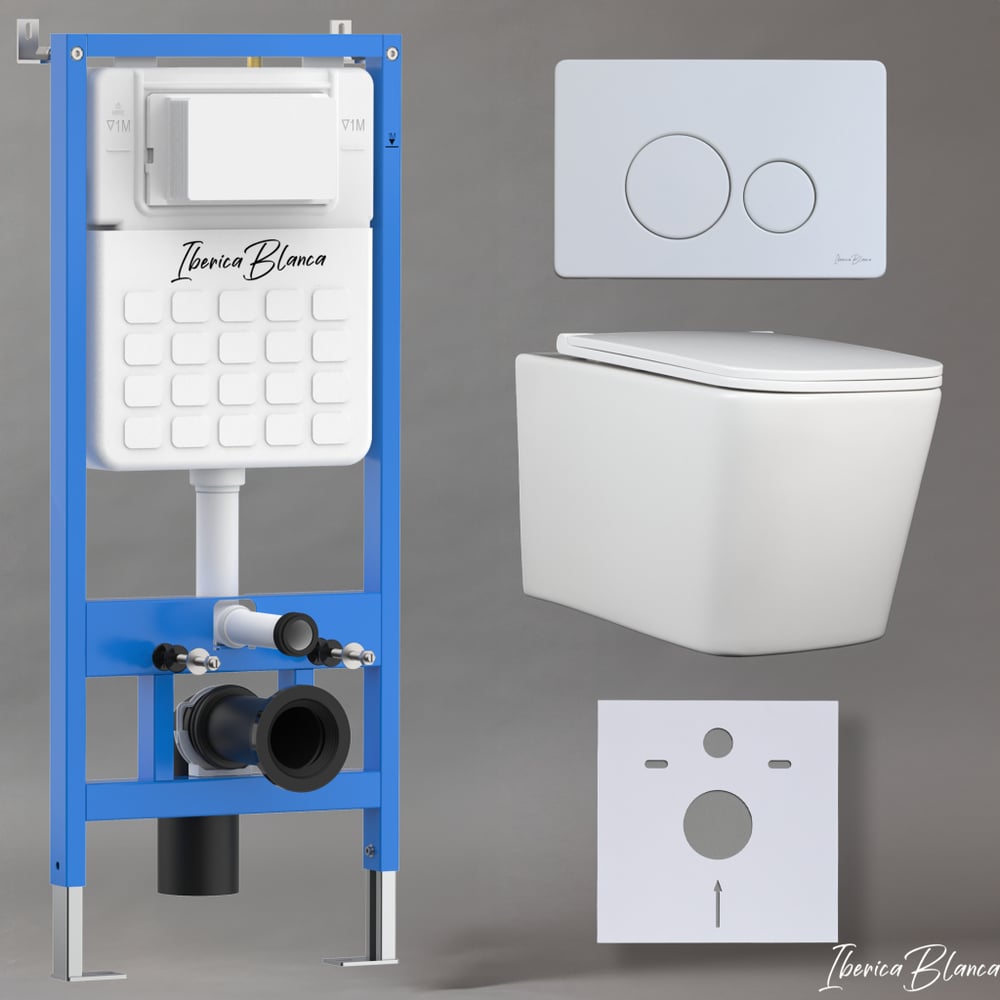 Изображение товара Комплект 3 в 1 IBERICA BLANCA инсталляция, унитаз безободковый белый TOLEDO ALTO (IB.TLA.231.1B1), клавиша смыва белый матовый, нержавеющая сталь INOX-O (IB.B081.001.000) IB001.TLA.231.811