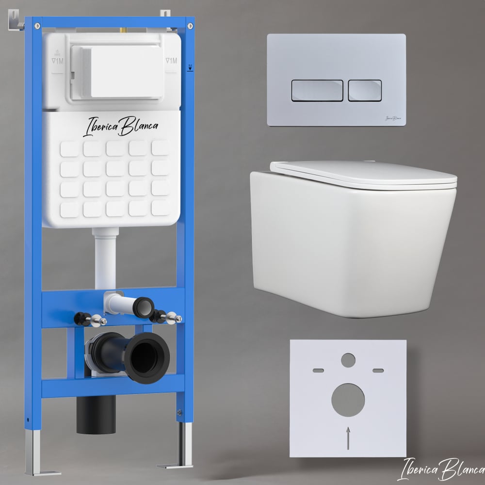 Изображение товара Комплект 3 в 1 IBERICA BLANCA инсталляция, унитаз безободковый белый TOLEDO ALTO (IB.TLA.231.1B1), клавиша смыва хром матовый, пластик ESTI-R (IB.B021.004.000) IB001.TLA.231.214