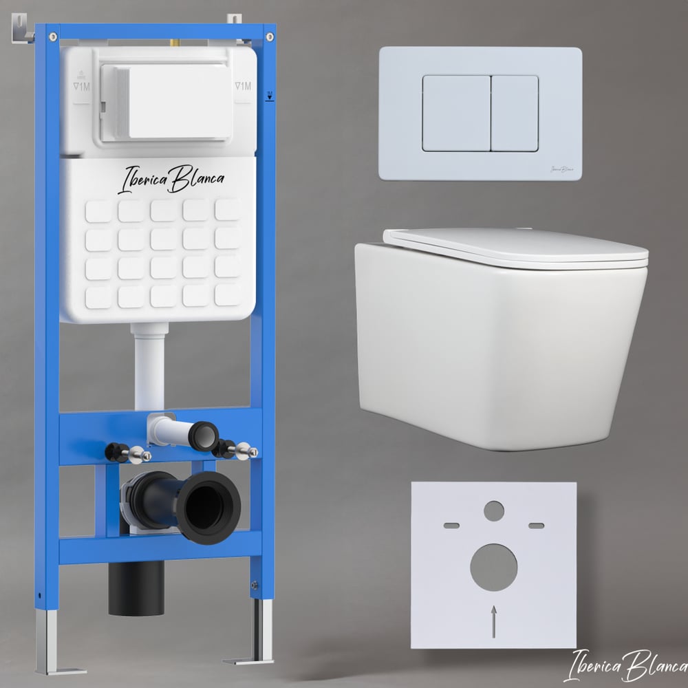 Изображение товара Комплект 3 в 1 IBERICA BLANCA инсталляция, унитаз безободковый белый TOLEDO ALTO (IB.TLA.231.1B1), клавиша смыва белый матовый, нержавеющая сталь INOX-C (IB.B011.001.000) IB001.TLA.231.111
