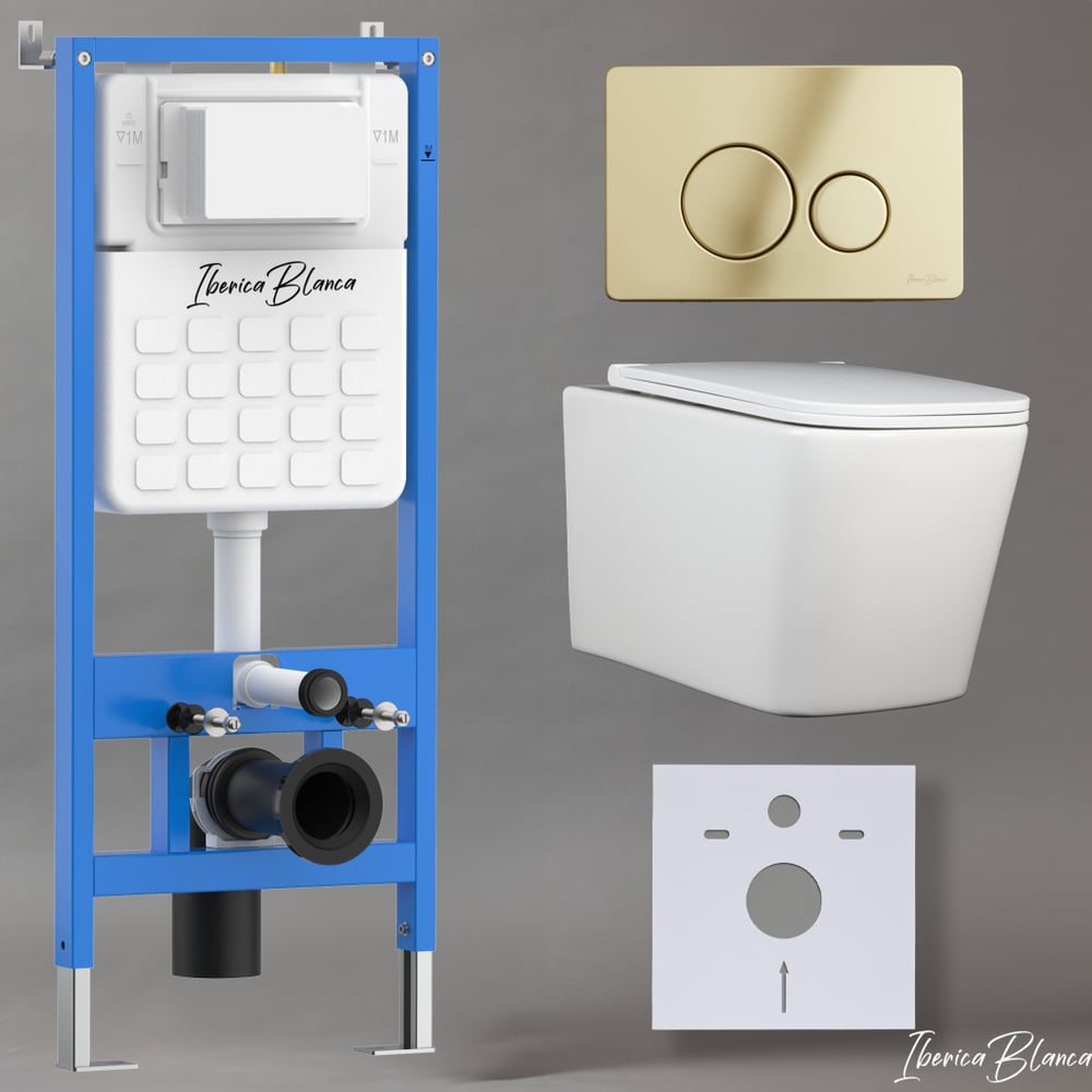 Изображение товара [Унитаз] IBERICA Toledo Alto IB.TLA.231.1B1 безободковый с двойным смывом и золотистой клавишей