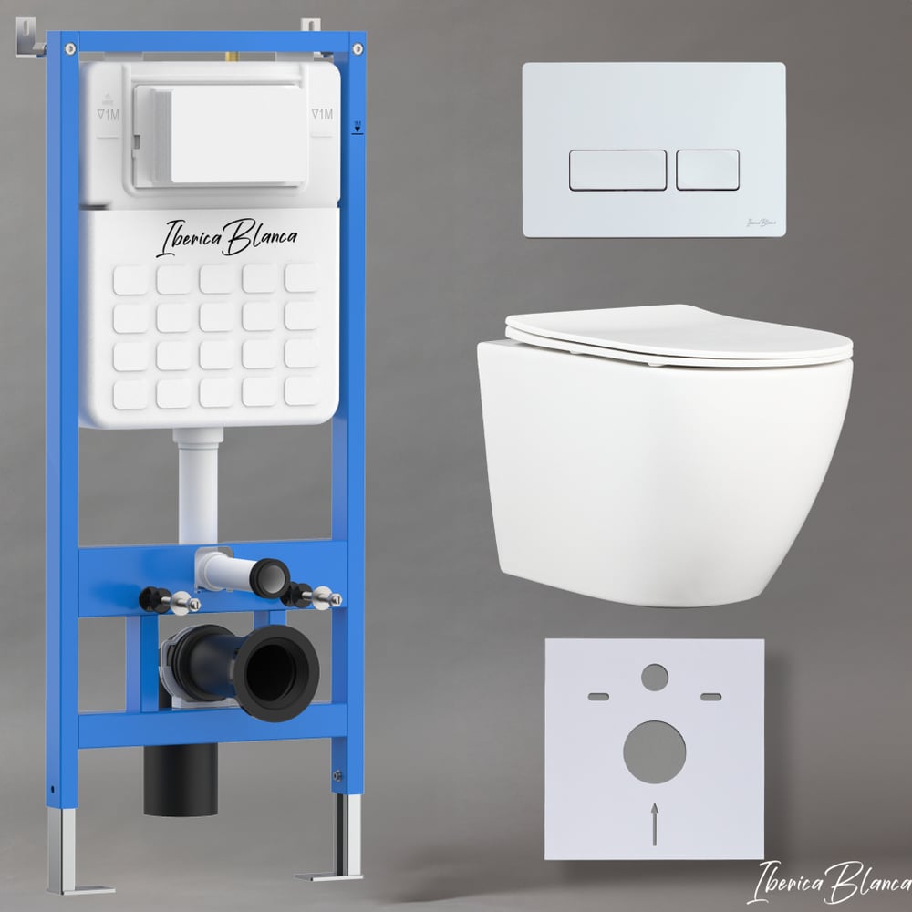 Изображение товара Комплект 3 в 1 IBERICA BLANCA инсталляция, унитаз торнадо безободковый белый BILBAO ALTO (IB.BLA.234.1B1), клавиша смыва белый глянцевый,пластик ESTI-R (IB.B021.001.000) IB001.BLA.234.211