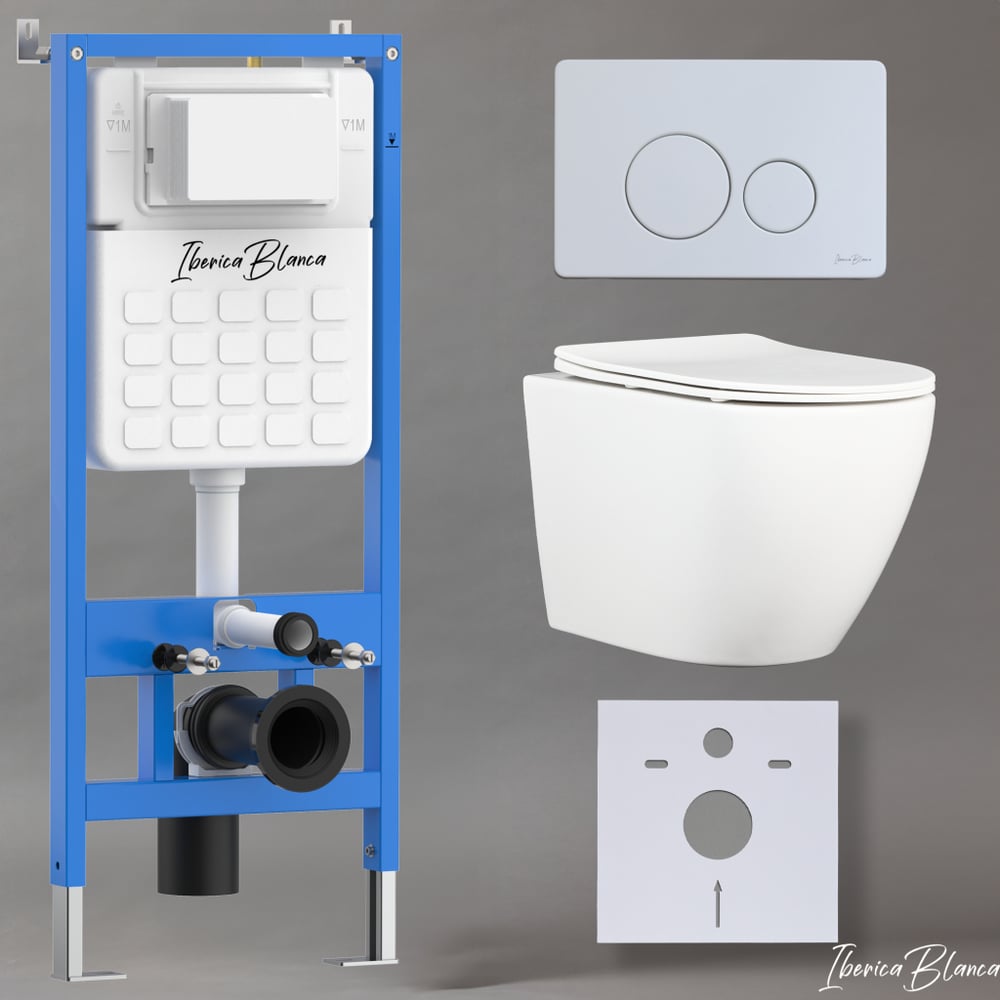 Изображение товара Комплект 3 в 1 IBERICA BLANCA инсталляция, унитаз торнадо безободковый белый BILBAO ALTO (IB.BLA.234.1B1), клавиша смыва белый матовый, нержавеющая сталь INOX-O (IB.B081.001.000) IB001.BLA.234.811