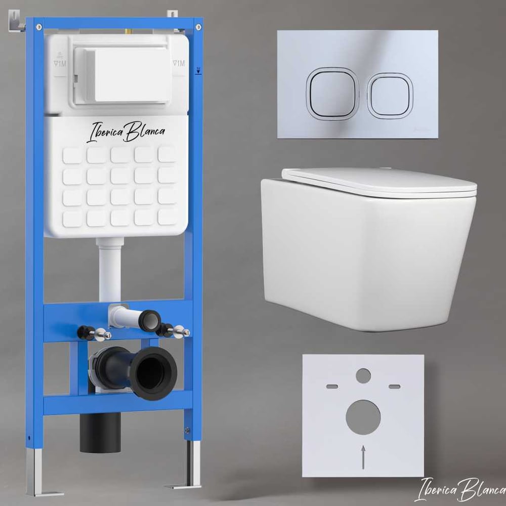 Изображение товара Комплект 3 в 1 Iberica Blanca инсталляция и унитаз безободковый с кнопкой глянцевый хром