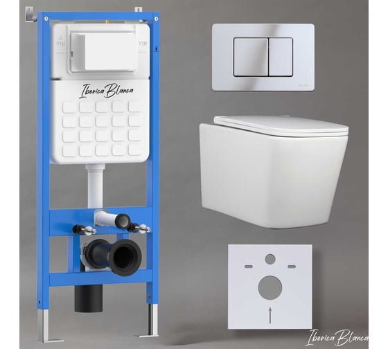 Изображение товара Комплект 3 в 1 Iberica Blanca инсталляция, унитаз торнадо безободковый белый TOLEDO ALTO (IB.TLA.234.1B1), клавиша смыва хром глянцевый, нержавеющая сталь INOX-C (IB.B011.003.001), IB001.TLA.234.1131