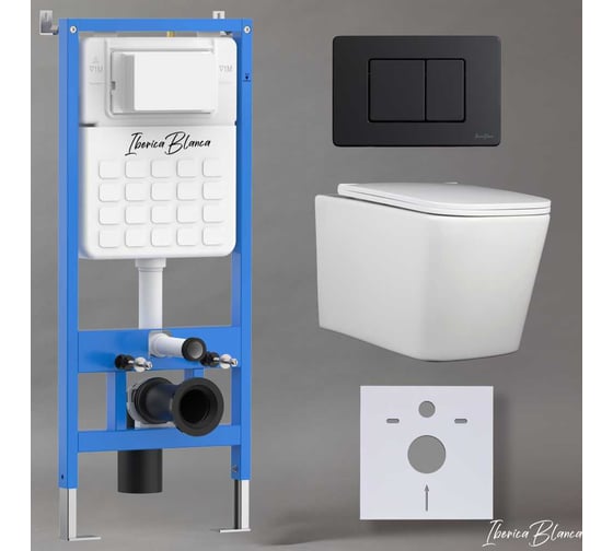 Изображение товара Комплект 3 в 1 Iberica Blanca инсталляция, унитаз торнадо безободковый белый TOLEDO ALTO (IB.TLA.234.1B1), клавиша смыва черный матовый, нержавеющая сталь INOX-C (IB.B011.002.003), IB001.TLA.234.112