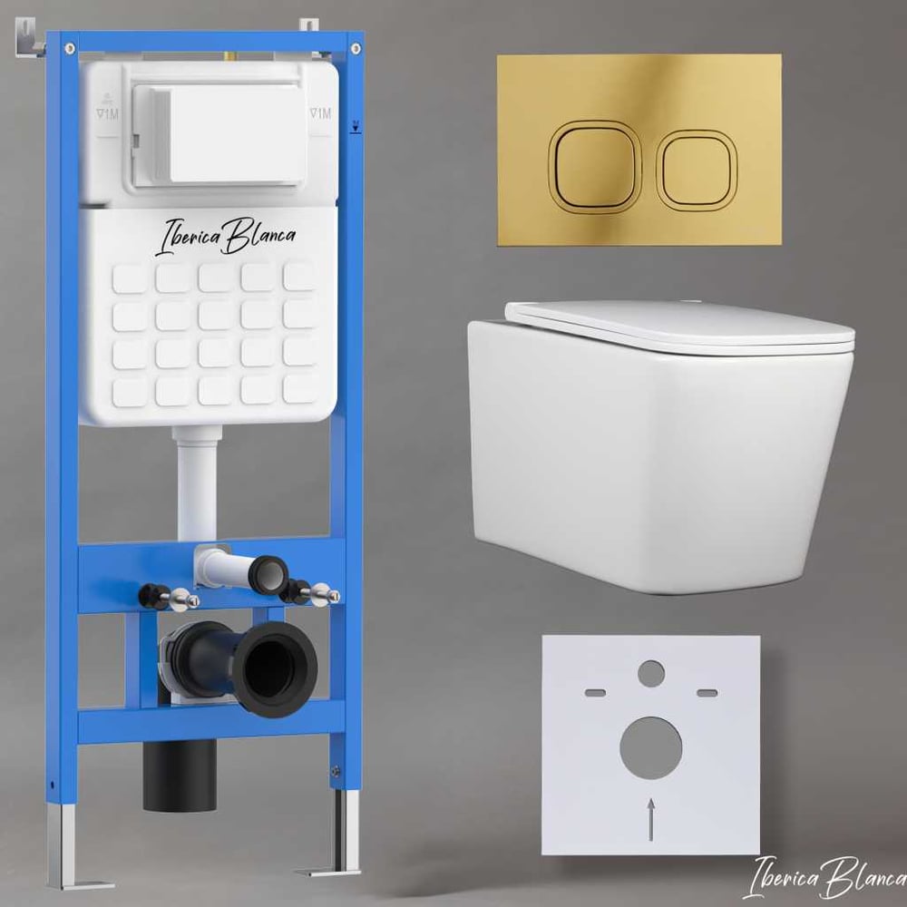 Изображение товара Комплект 3 в 1 Iberica Blanca белый унитаз инсталляция и клавиша шампань/золото
