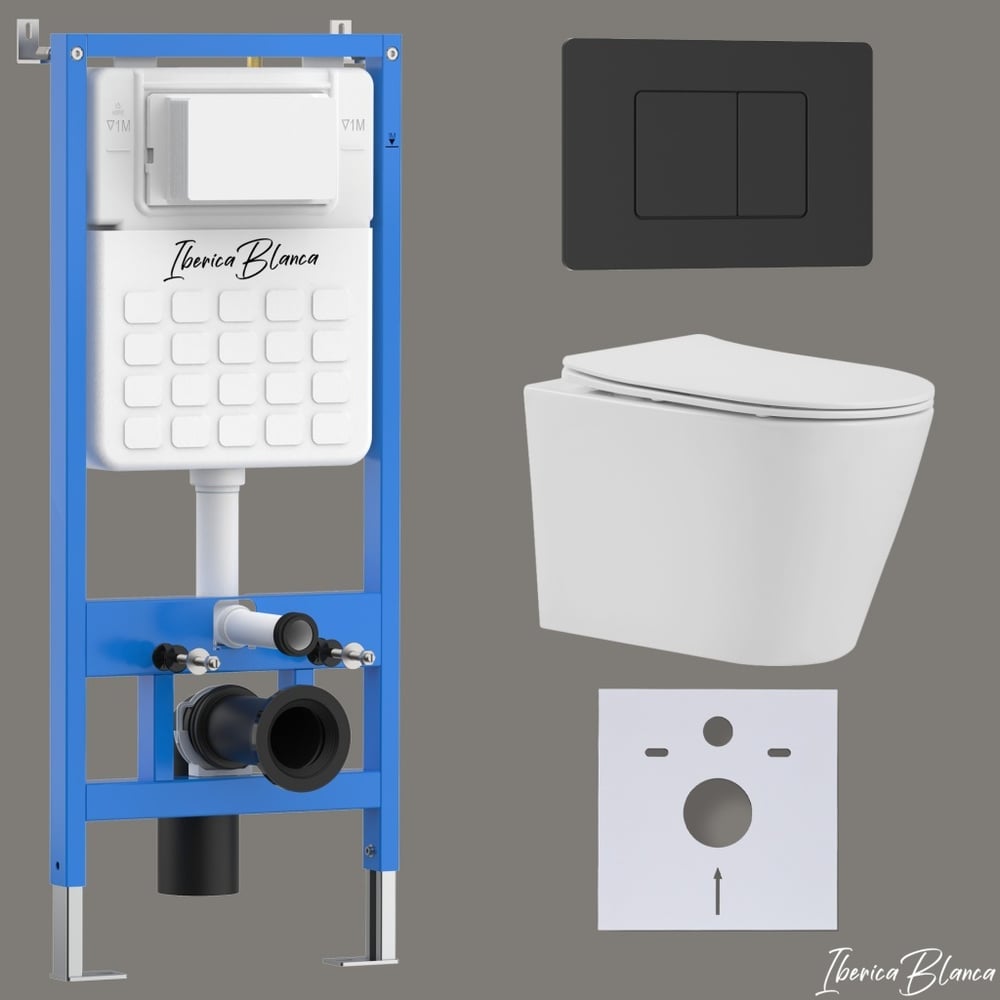 Изображение товара Комплект 3 в 1 Iberica Blanca инсталляция унитаз безободковый и клавиша смыва из нержавеющей стали