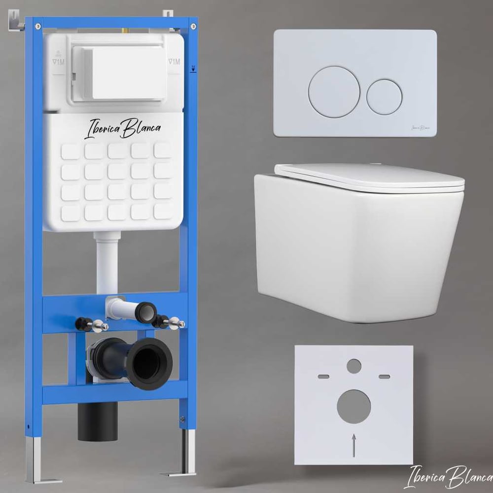 Изображение товара Комплект 3 в 1 Iberica Blanca инсталляция, унитаз торнадо безободковый белый TOLEDO ALTO (IB.TLA.234.1B1), клавиша смыва белый матовый, нержавеющая сталь INOX-O (IB.B081.001.000), IB001.TLA.234.811