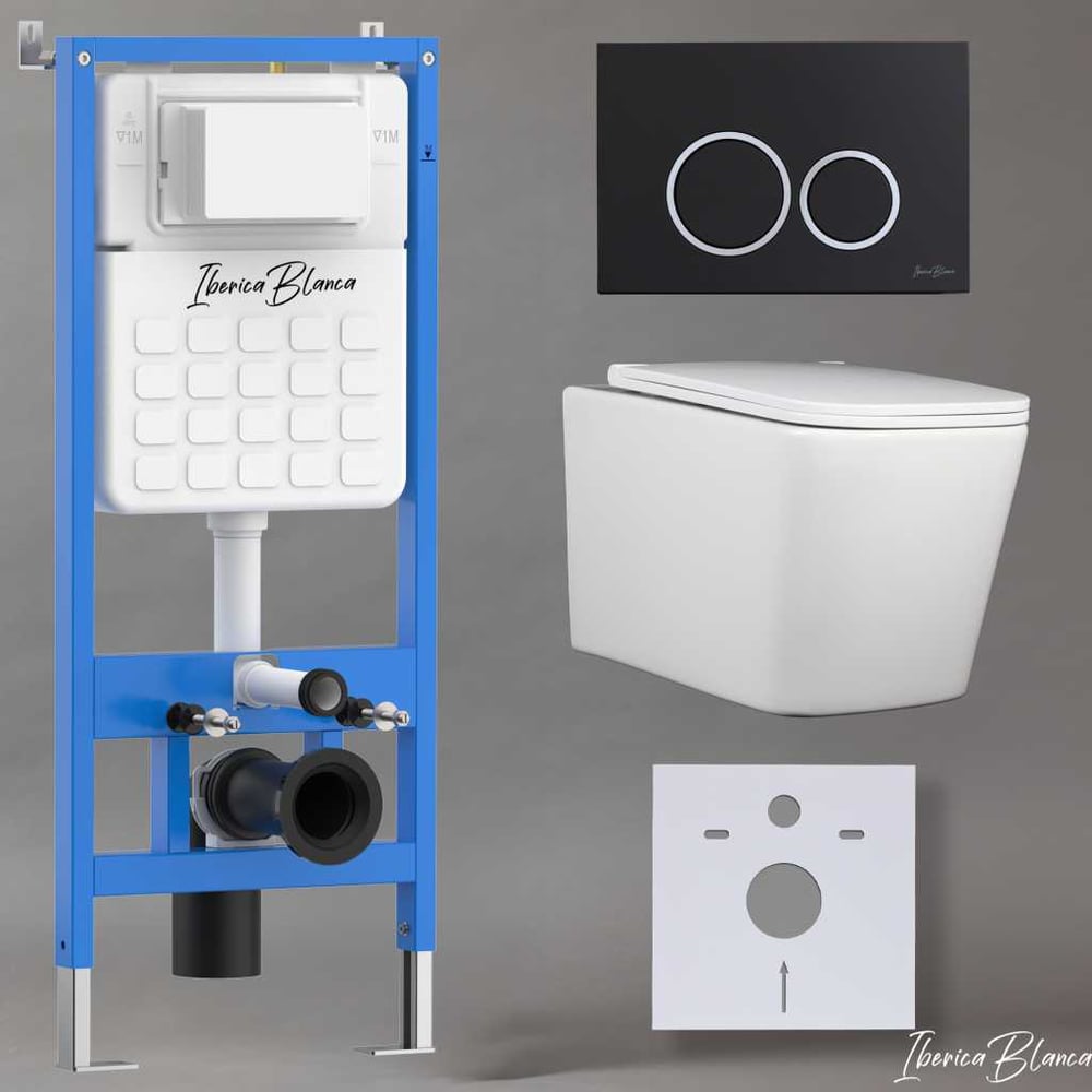 Изображение товара Комплект 3 в 1 Iberica Blanca инсталляция, унитаз торнадо безободковый белый TOLEDO ALTO (IB.TLA.234.1B1), клавиша смыва черный матовый, пластик ESTI-O (IB.B082.002.000), IB001.TLA.234.822