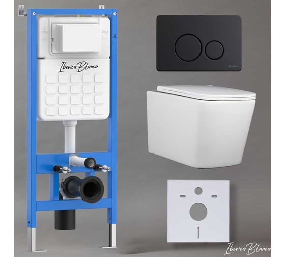 Изображение товара Комплект 3 в 1 Iberica Blanca инсталляция, унитаз торнадо безободковый белый TOLEDO ALTO (IB.TLA.234.1B1), клавиша смыва черный матовый, нержавеющая сталь INOX-O (IB.B081.002.003), IB001.TLA.234.812