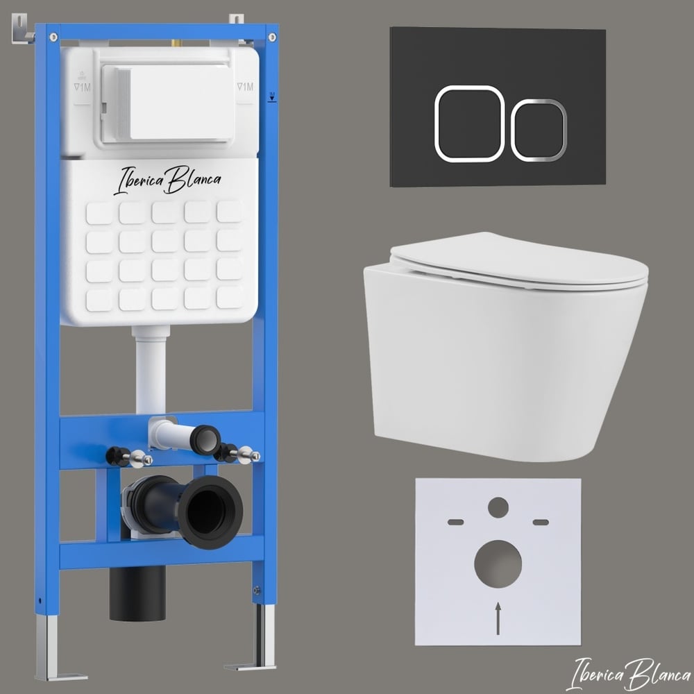 Изображение товара Комплект 3 в 1 Iberica Blanca инсталляция унитаз безободковый белый и клавиша черный матовый