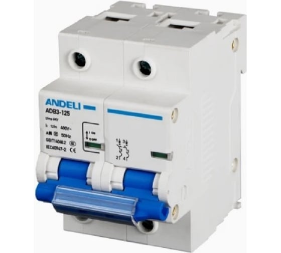 Изображение товара Автоматический выключатель ANDELI ADB3-125 2P, 63A, 6KA, тип D (8-12In) ADL01-655