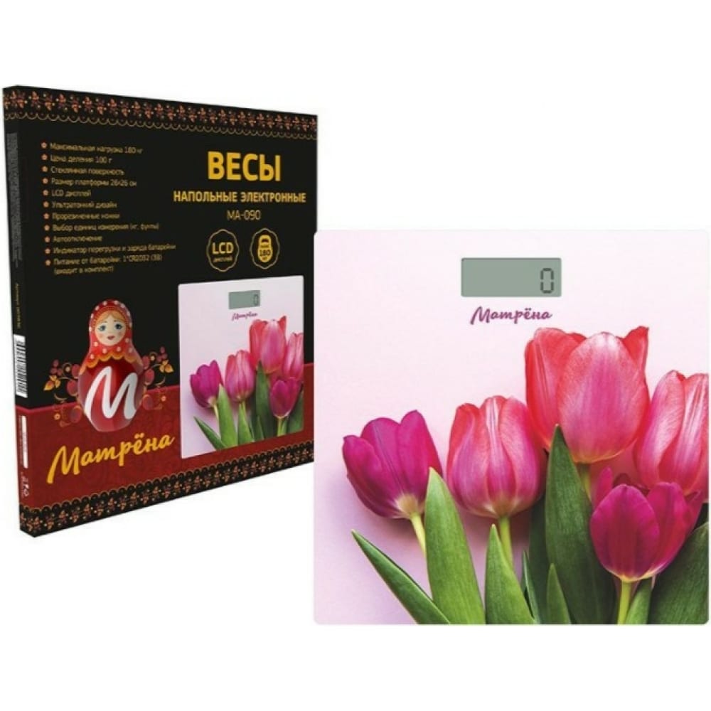 Купить Напольные электронные весы матрёна ма-090 тюльпаны стеклянная поверхность, 180 кг 007835