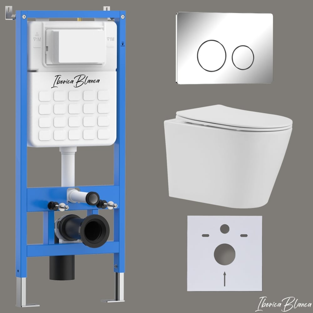 Изображение товара Комплект 3 в 1 инсталляция IBERICA BLANCA унитаз безободковый белый BURGOS ALTO (IB.BRA.231.1B1), клавиша смыва хром глянцевый из нержавеющей стали INOX-O (IB.B081.003.001), IB001.BRA.231.8131