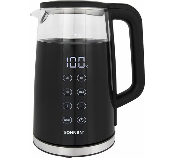 Изображение товара Чайник с терморегулятором и дисплеем SONNEN ДВОЙНЫЕ СТЕНКИ, KT-8717, 1,7л, 2200Вт, черный 454687