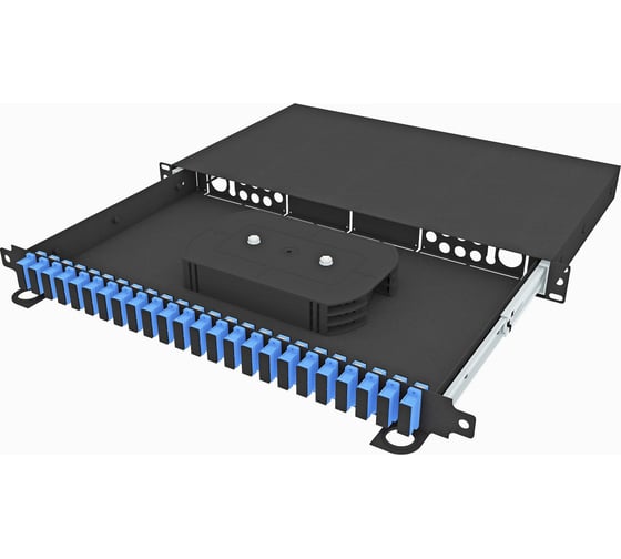 Изображение товара Оптический стоечный выдвижной кросс TopLAN 19, укомплектованный, КРСв-Top-1U-48SC/U-OS2-BK