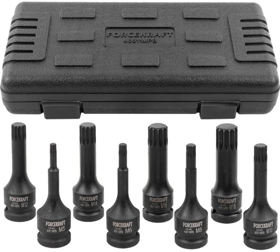 Изображение товара Набор головок-бит SPLINE ударных 8 шт, 1/2"DR, M5, M6, M8, M10, M12, M14, M16, M18, в кейсе Forcekraft FK-40811MPB(27086)