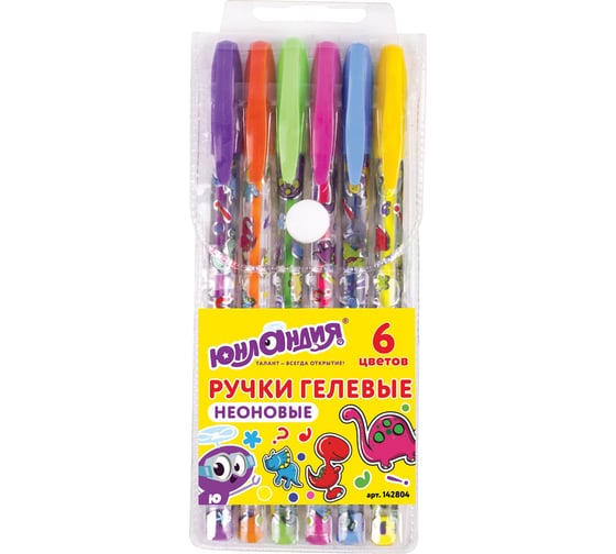 Изображение товара Гелевые ручки ЮНЛАНДИЯ НАБОР 6 шт АССОРТИ НЕОН корпус с печатью 0,7 мм линия 0,5 мм 142804