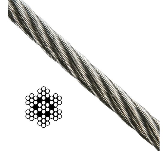 Изображение товара Трос Море-Метизов средней мягкости АР Т8379 7x7 нержавеющая сталь А2, 2 мм, 100 м TROSCM77А277А22100M