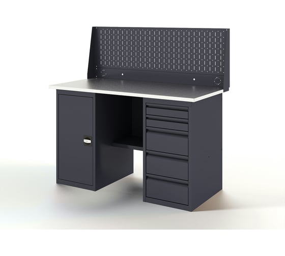 Изображение товара Верстак-стол с перфопанелью одинарной GREENBERG с тумбой и ящиками, 1400 мм VERSTAK_ТY_Р1_1400