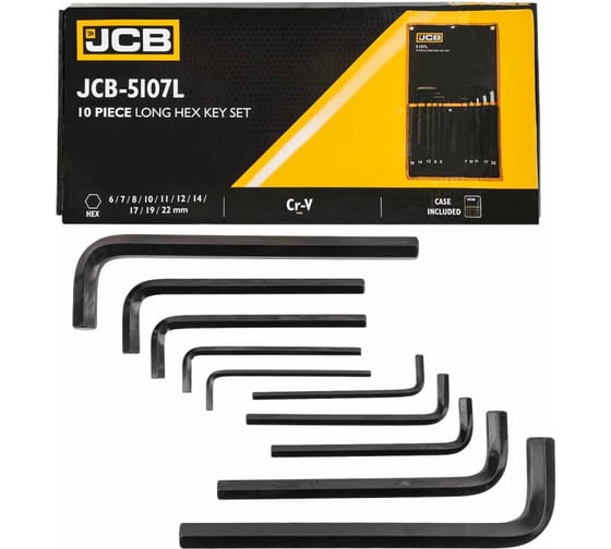 Изображение товара Набор Г-образных 6-гранных длинных ключей JCB 6-8, 10-12, 14, 17, 19 22 мм, 10 предметов JCB-5107L(59744)