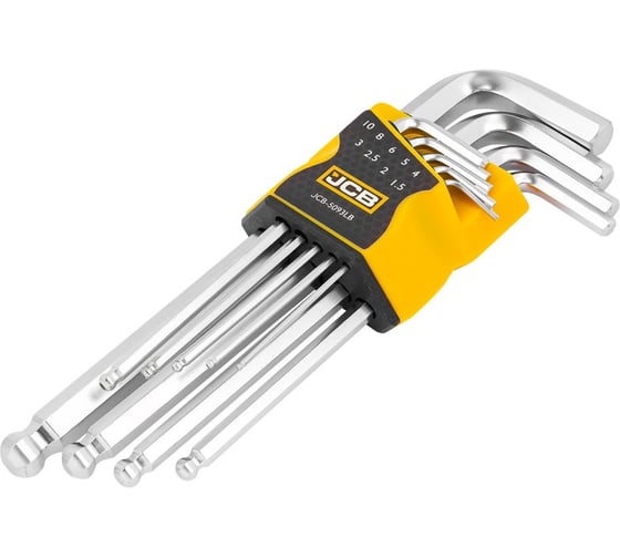 Изображение товара Набор Г-образных 6-гранных длинных ключей с шаром JCB 1.5, 2, 2.5, 3-6, 8, 10 мм, 9 предметов JCB-5093LB(59740)