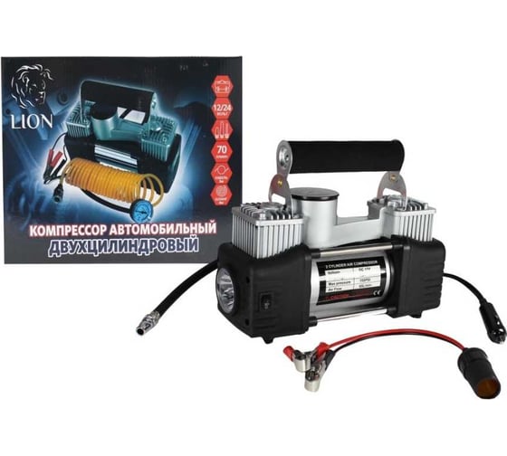 Изображение товара Компрессор Lion 2-поршневой 70л/мин мет корпус, LED-фонарь, в сумке 1/6_ Vtti-13004A