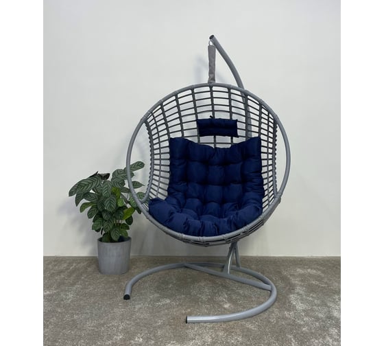 Изображение товара Подвесное кресло-кокон Лаура FLATA серый + каркас, подушка синяя FLT-210