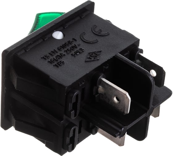 Изображение товара Клавишный выключатель Emas с подсветкой, зелёная клавиша, 2НО, 250В AC, 16А A14B1Y11